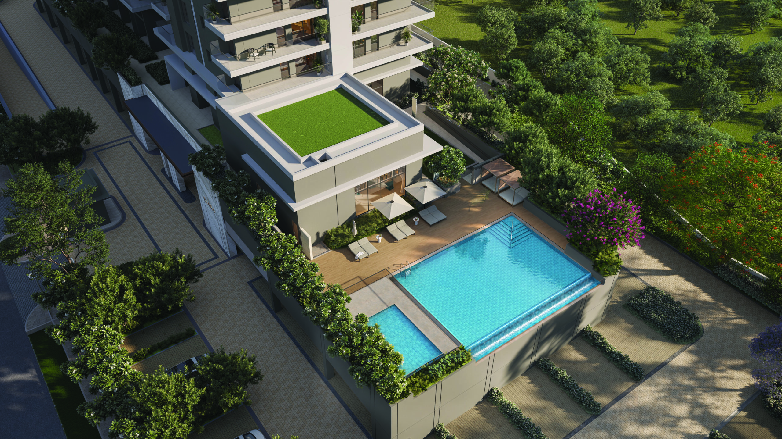 Aerial view over the pool deck